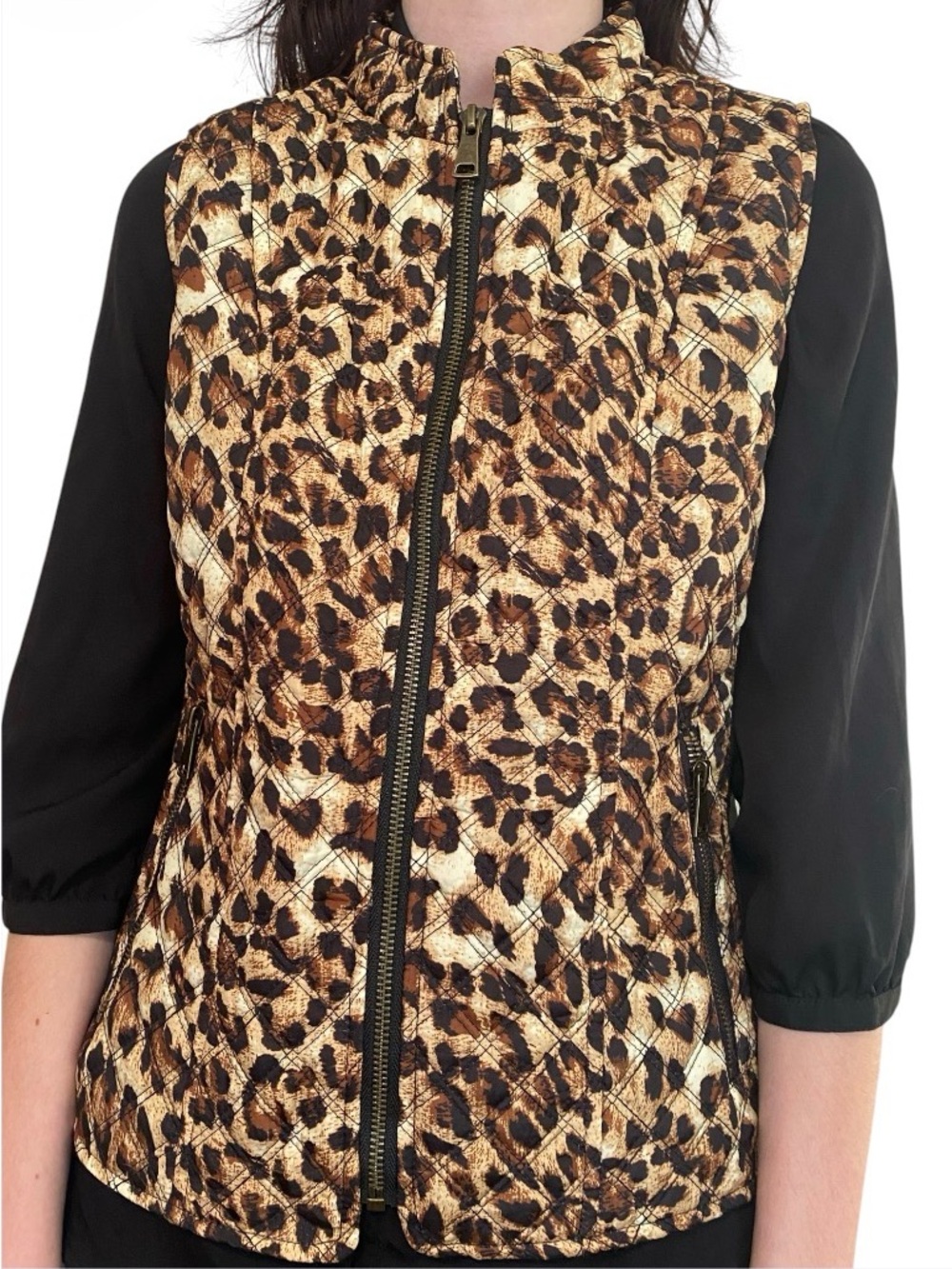 Leopard Print Quilted zip up Vest - Brown Animal Print Petite small